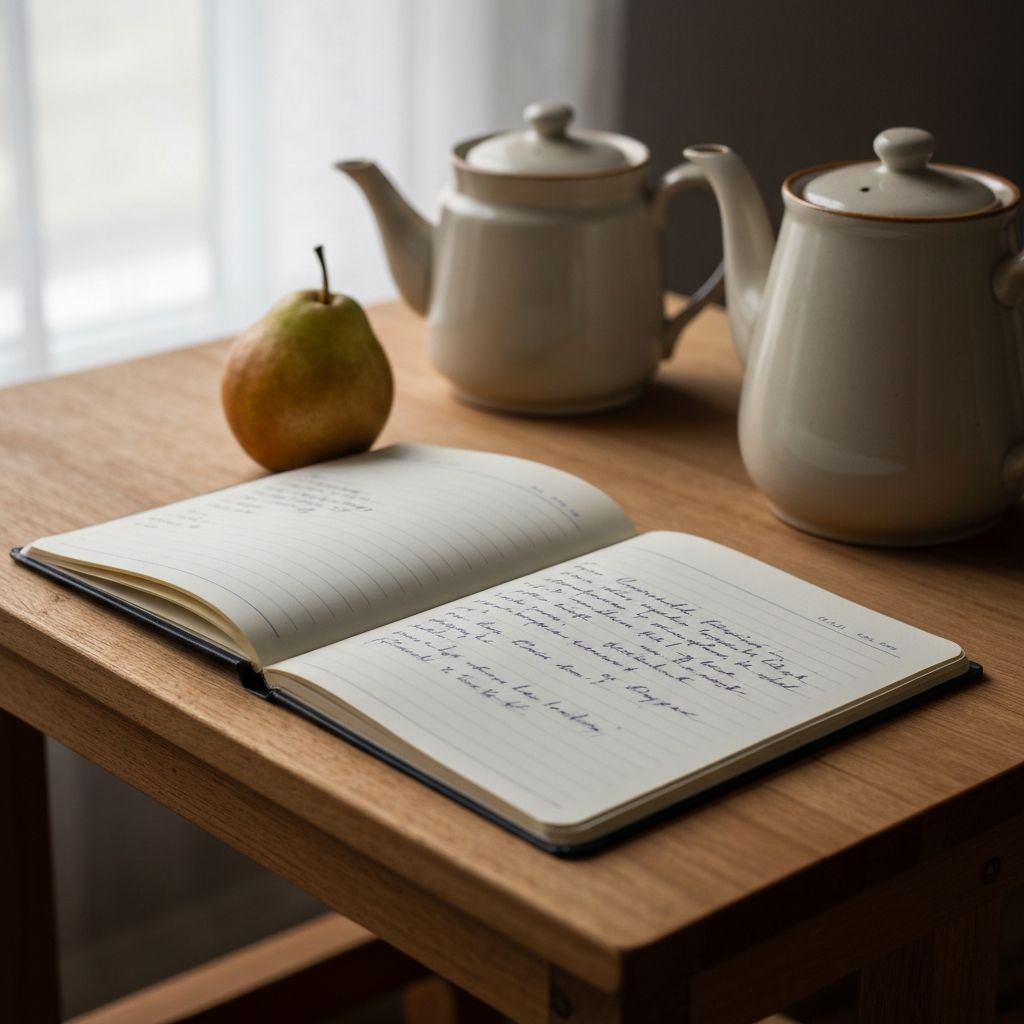 Study desk with journal and tea